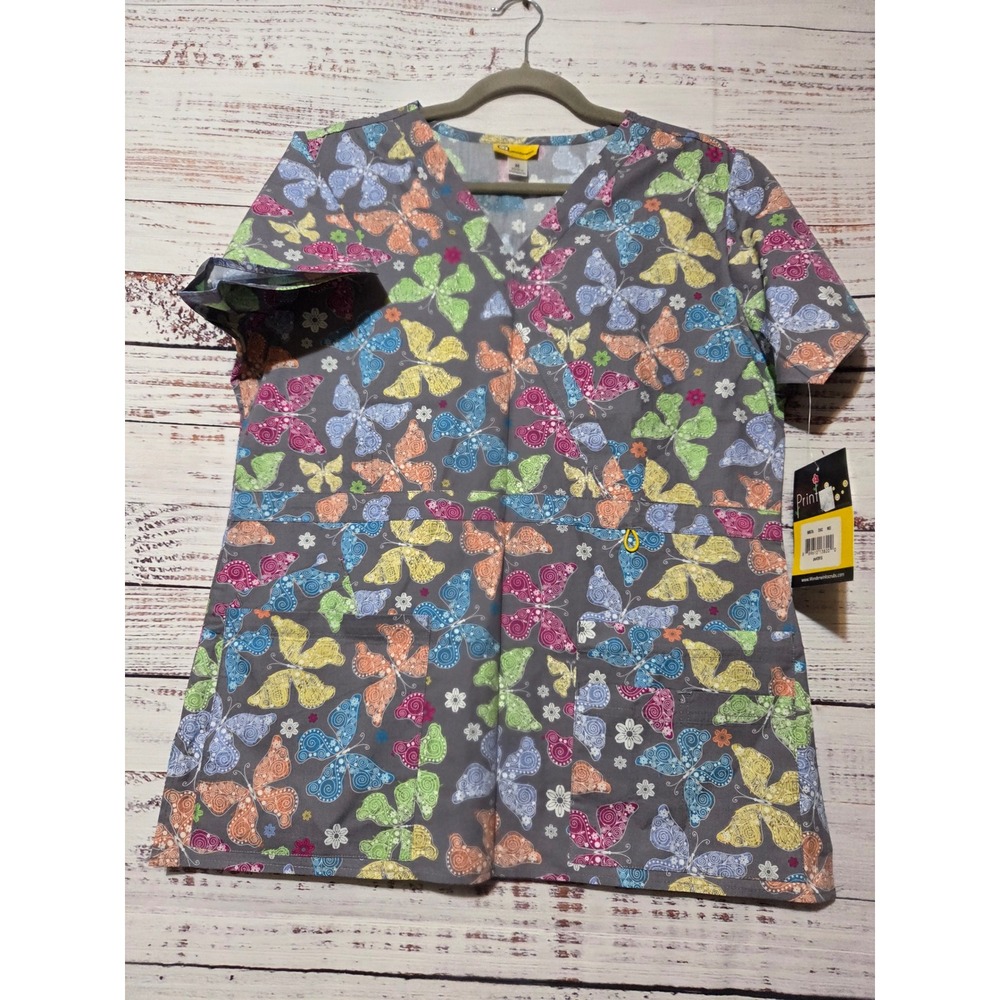 WonderWink Origins Butterfly Print Scrub Top Grey V-Neck Mock Wrap Medium